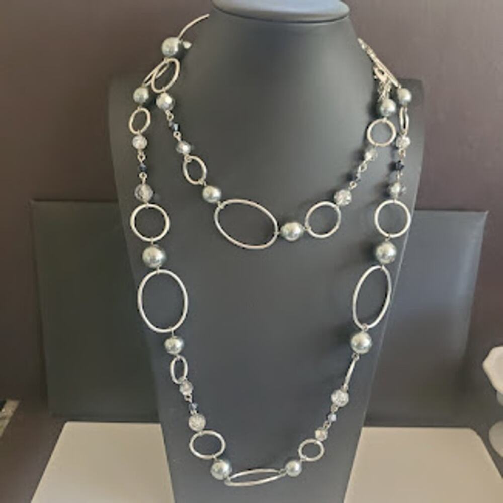 Lia Sophia Alpine Silver‎ Tone Gray Bead Necklace or Belt 45 to 48 Inches Long